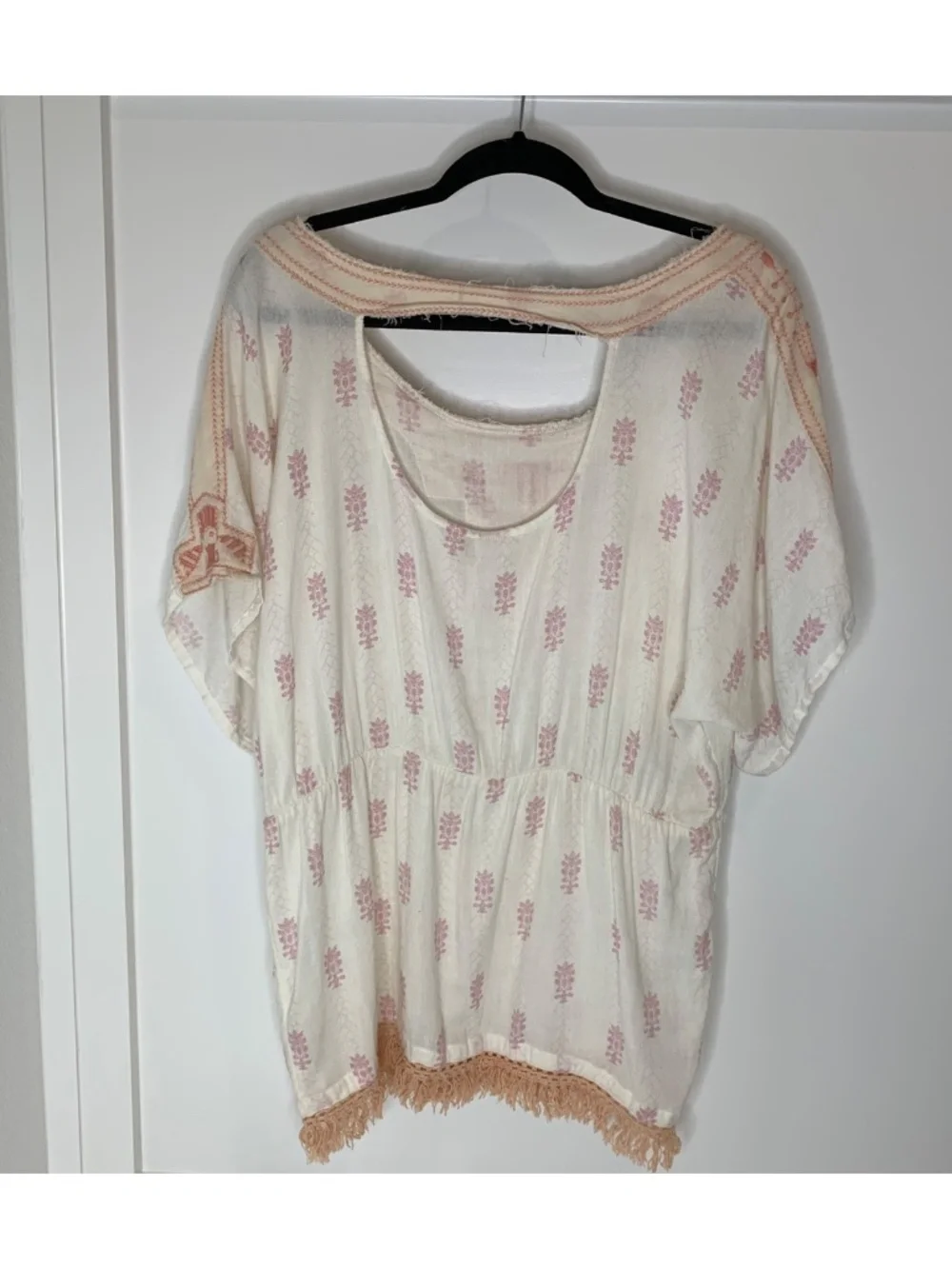 Free People Gauzy Embroidered Boho Fringe Tunic Top Small